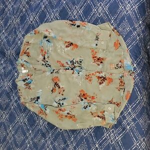 Sage Green, Blue, & Orange Floral Sheer Chiffon Button-Up Long Sleeve Blouse